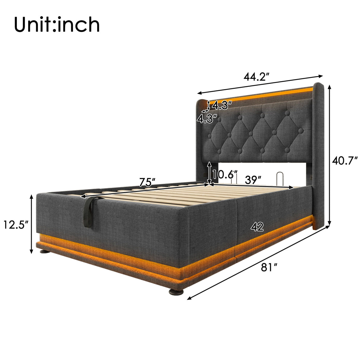 Upholstered Bed, 360 Surround LED Function, Remote Control, Hydraulic Storage Bed