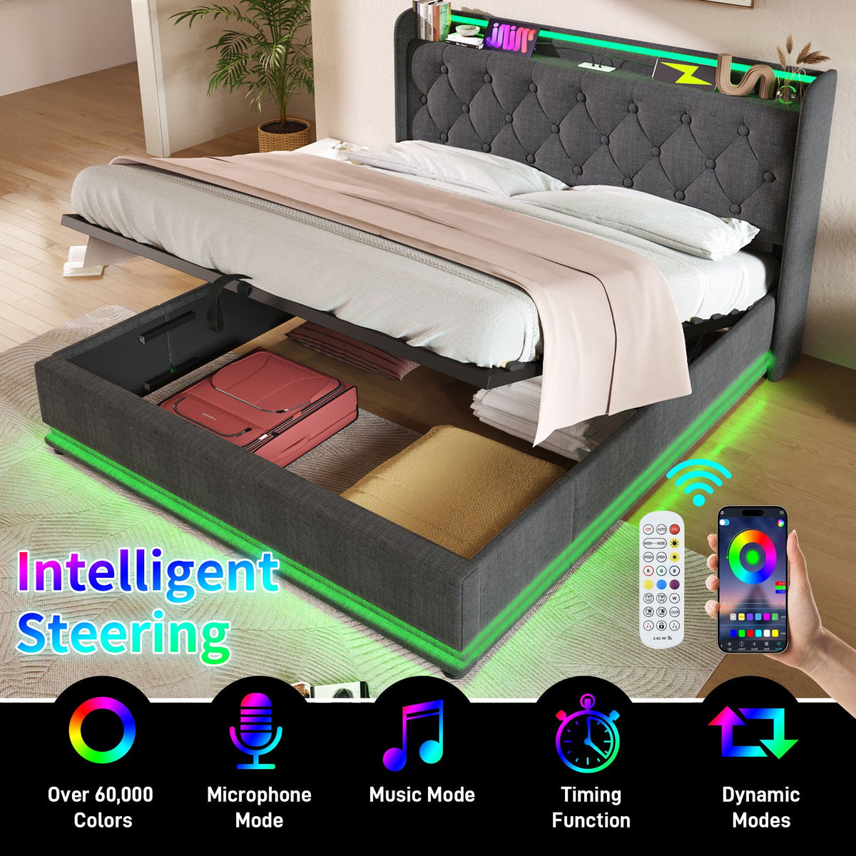 Upholstered Bed, 360 Surround LED Function, Remote Control, Hydraulic Storage Bed
