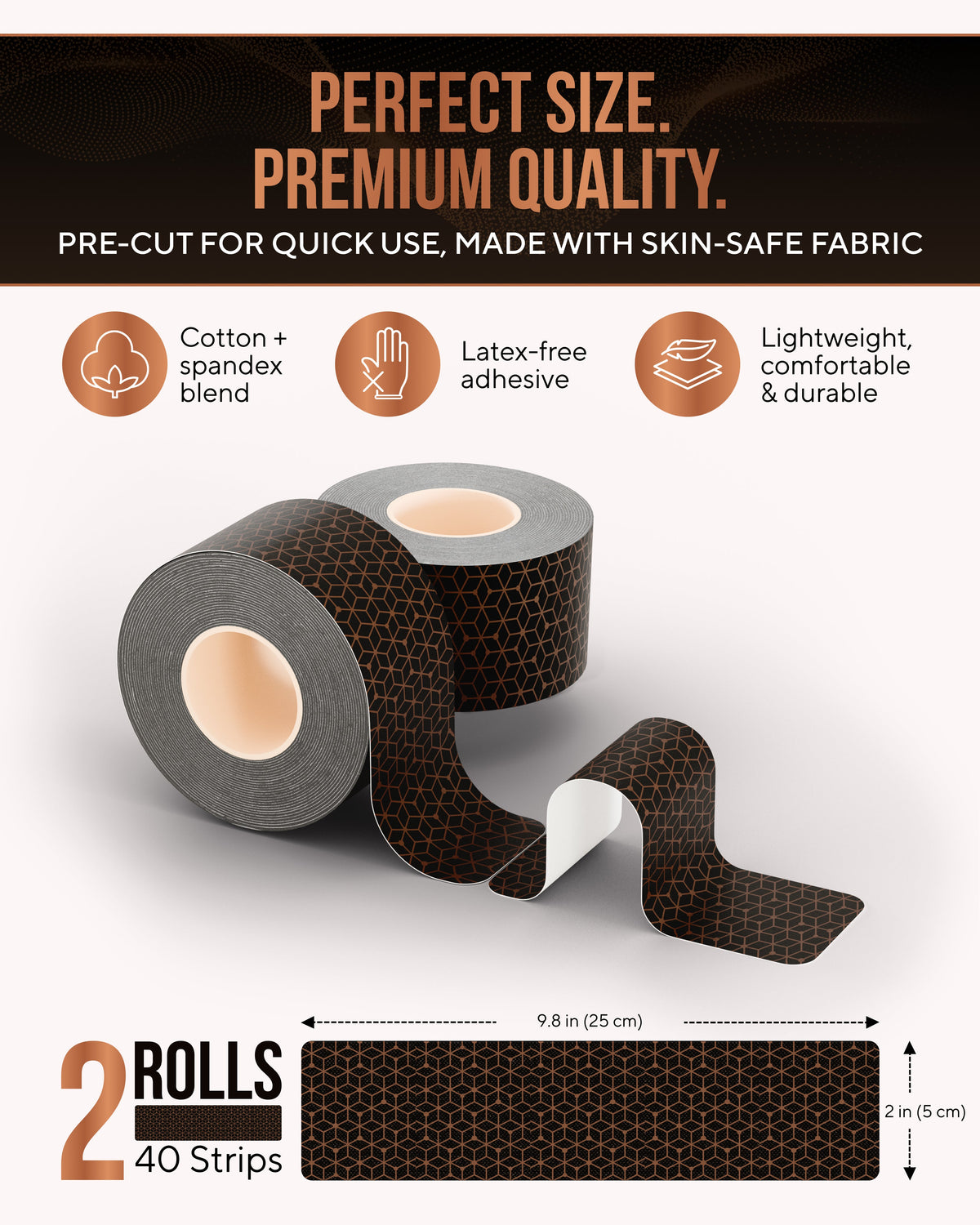 Copper Infused Kinesiology Tape – 2 Rolls (40 Precut Strips) For Support and Recovery