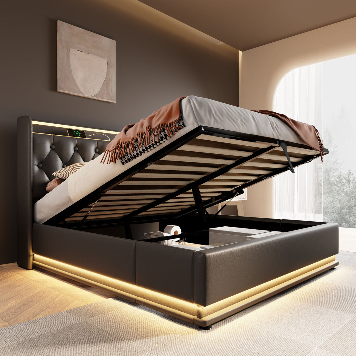 Upholstered Bed, 360 Surround LED Function, Remote Control, Hydraulic Storage Bed