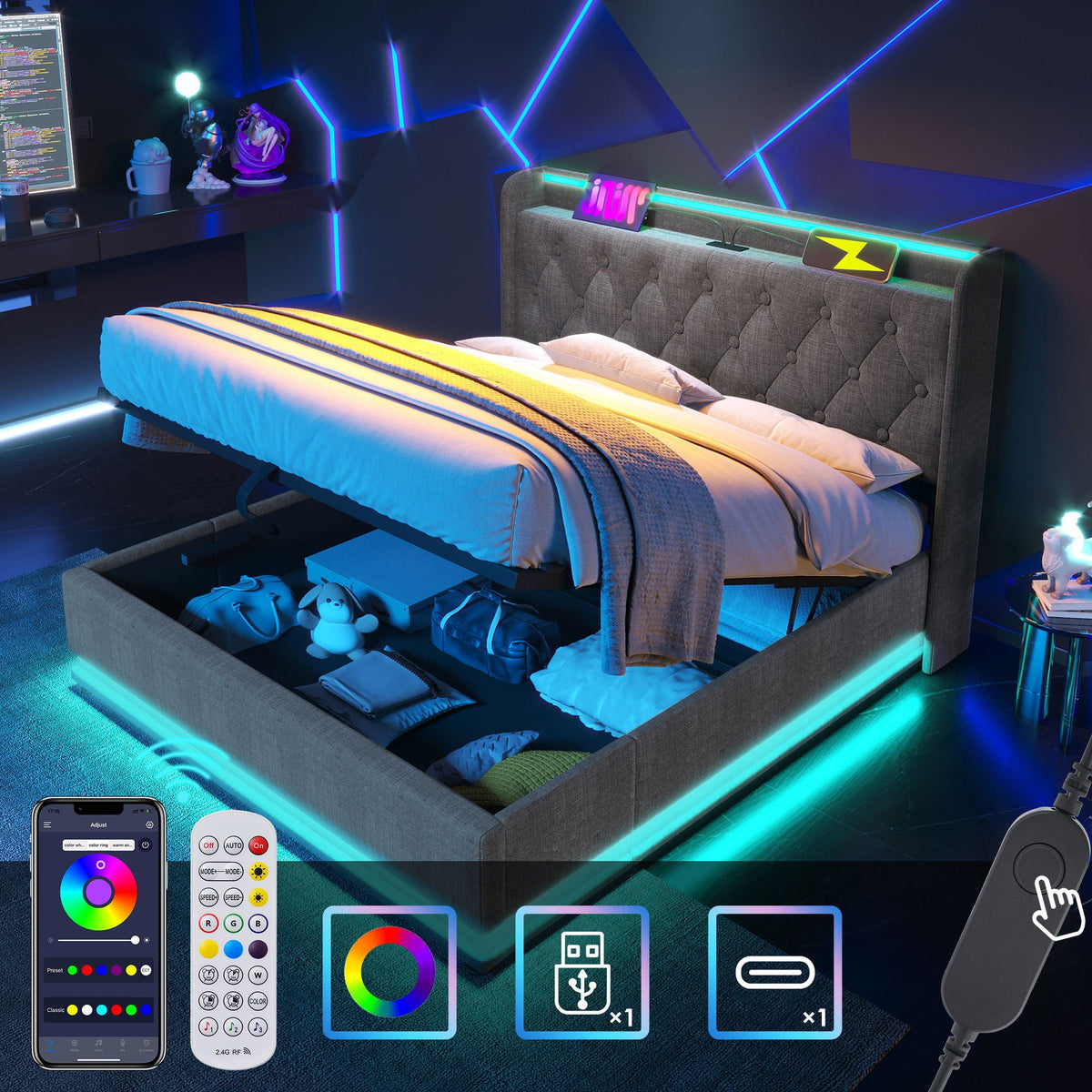 Upholstered Bed, 360 Surround LED Function, Remote Control, Hydraulic Storage Bed