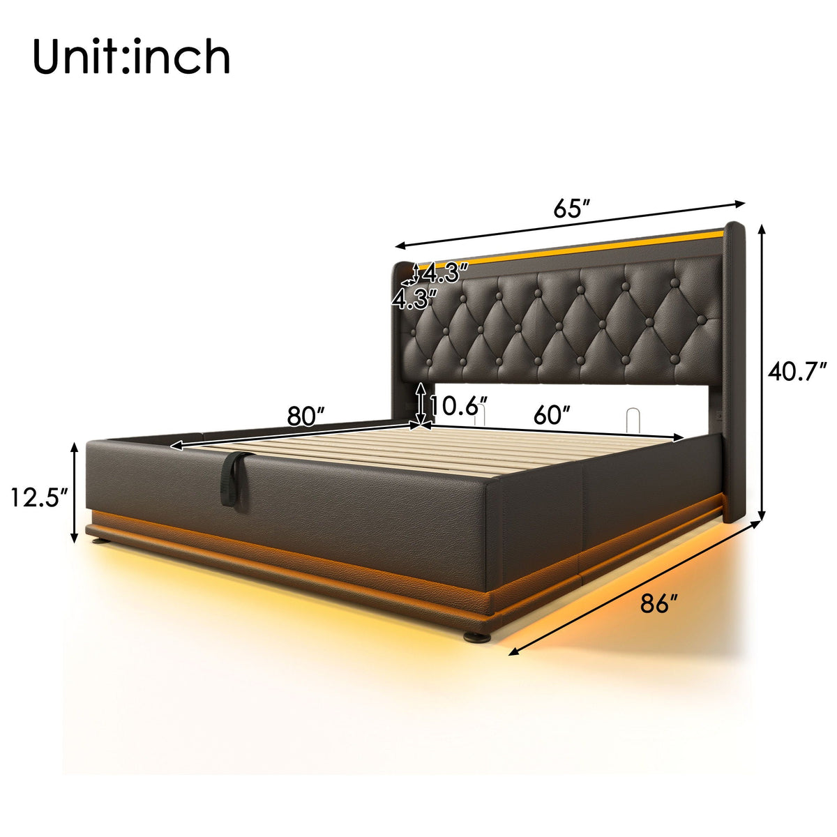 Upholstered Bed, 360 Surround LED Function, Remote Control, Hydraulic Storage Bed