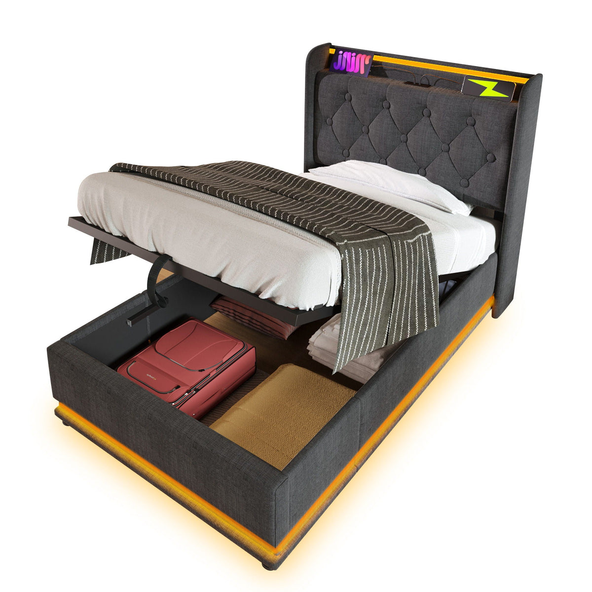 Upholstered Bed, 360 Surround LED Function, Remote Control, Hydraulic Storage Bed