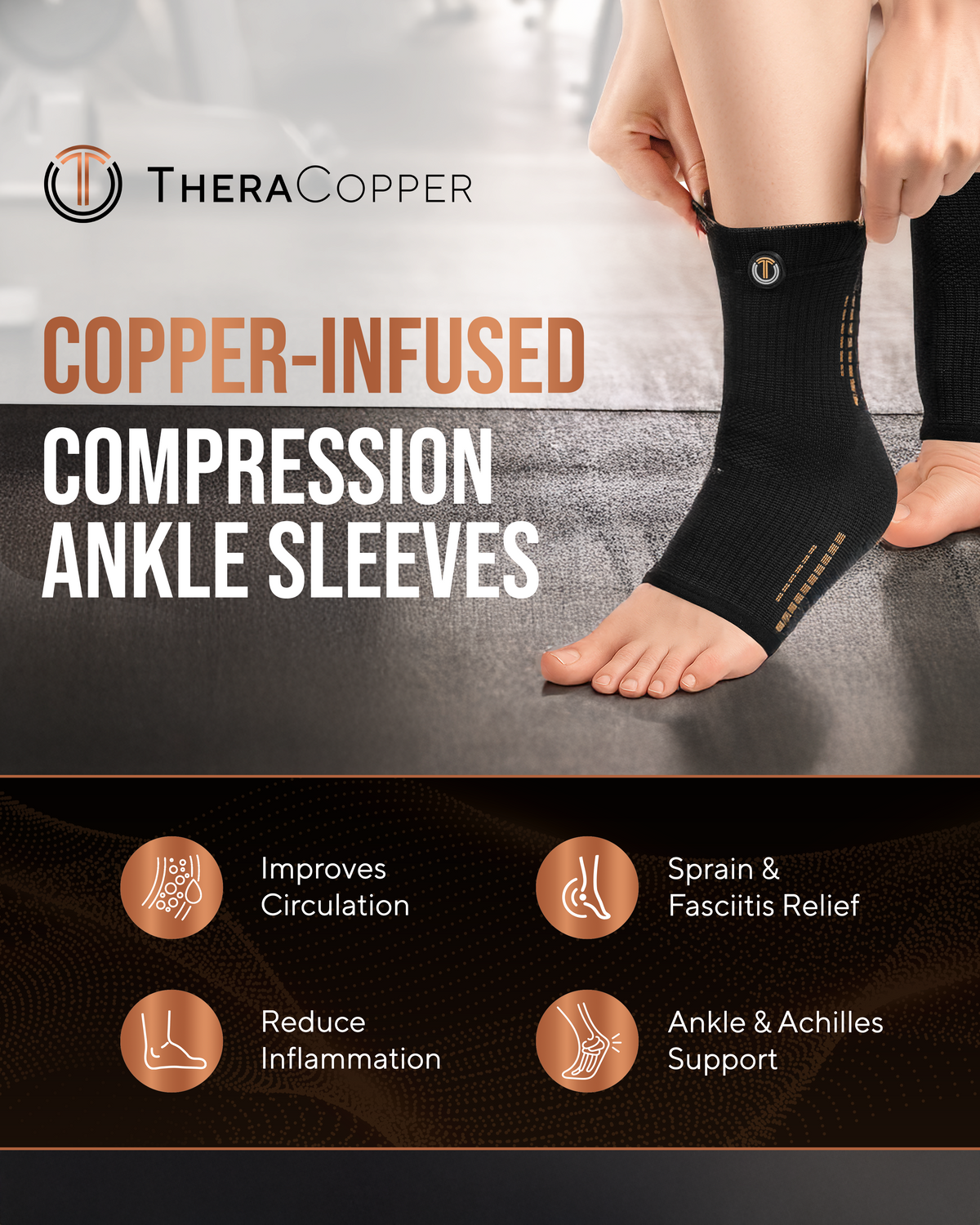 Copper Compression Ankle Brace Sleeves (2 Pack) Improve Circulation, Swelling and Mobility