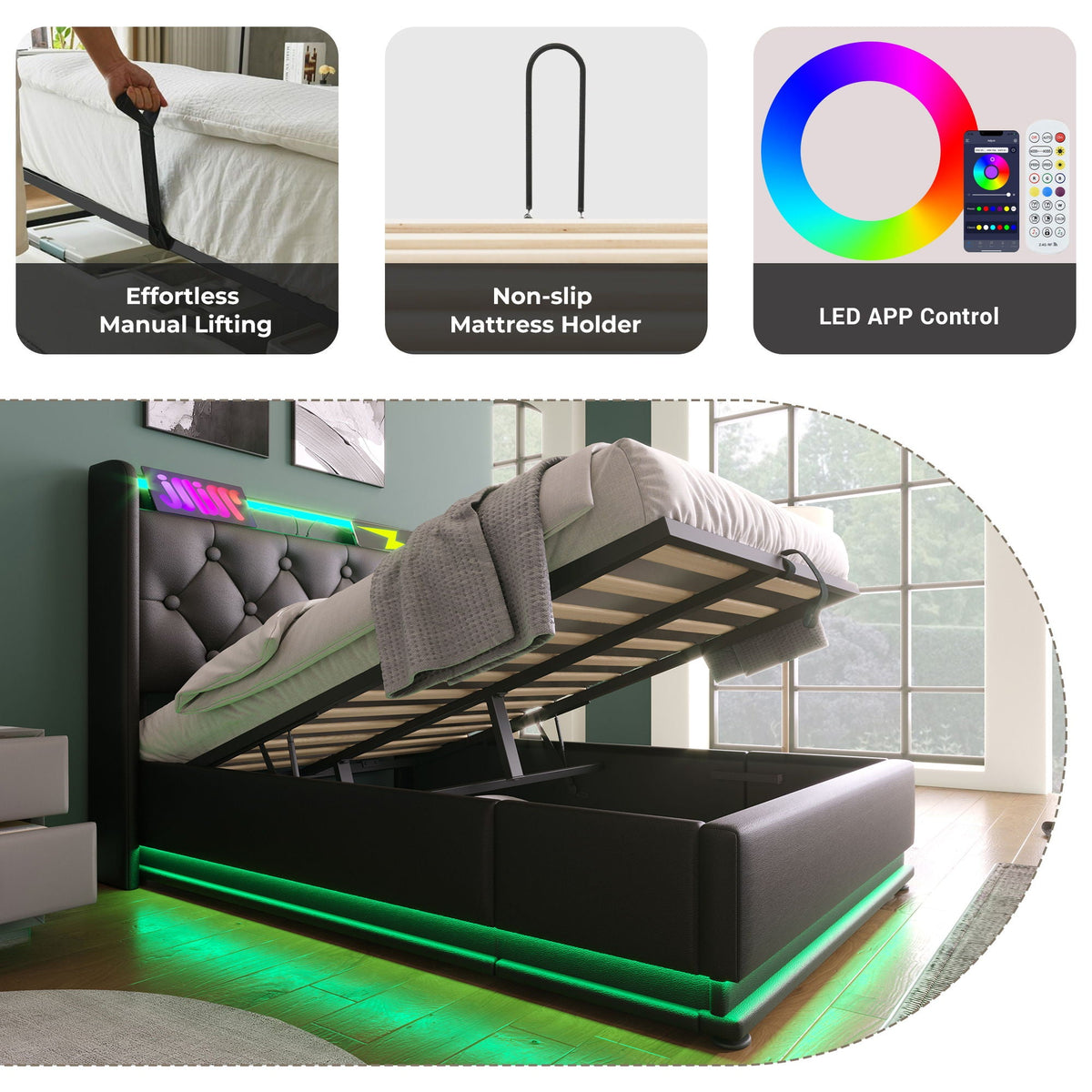 Upholstered Bed, 360 Surround LED Function, Remote Control, Hydraulic Storage Bed
