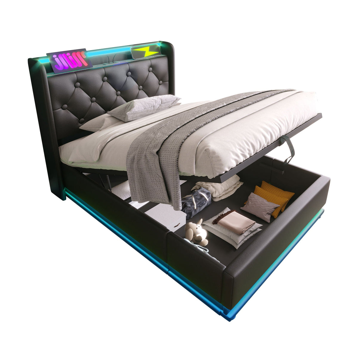 Upholstered Bed, 360 Surround LED Function, Remote Control, Hydraulic Storage Bed