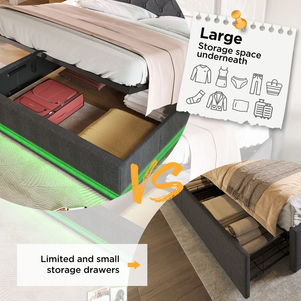 Upholstered Bed, 360 Surround LED Function, Remote Control, Hydraulic Storage Bed
