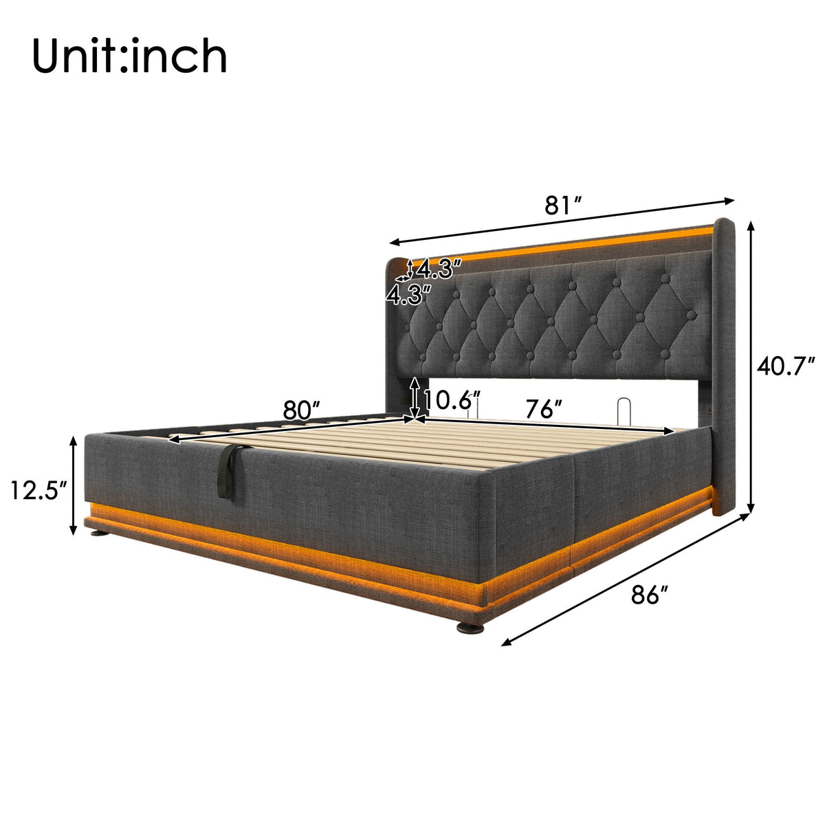 Upholstered Bed, 360 Surround LED Function, Remote Control, Hydraulic Storage Bed