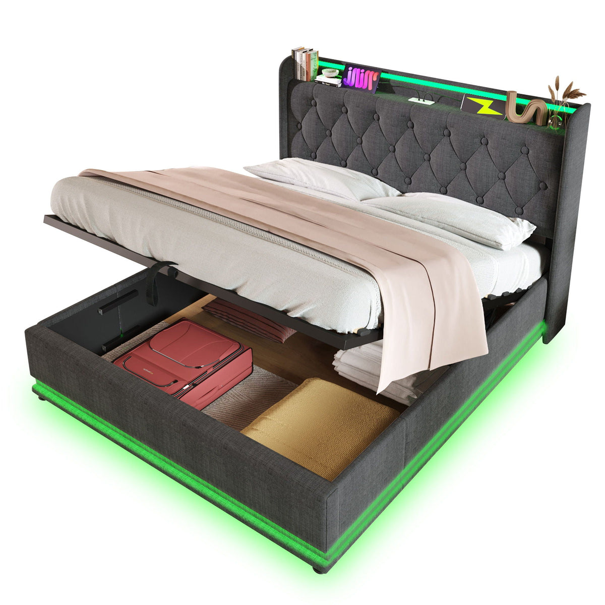 Upholstered Bed, 360 Surround LED Function, Remote Control, Hydraulic Storage Bed