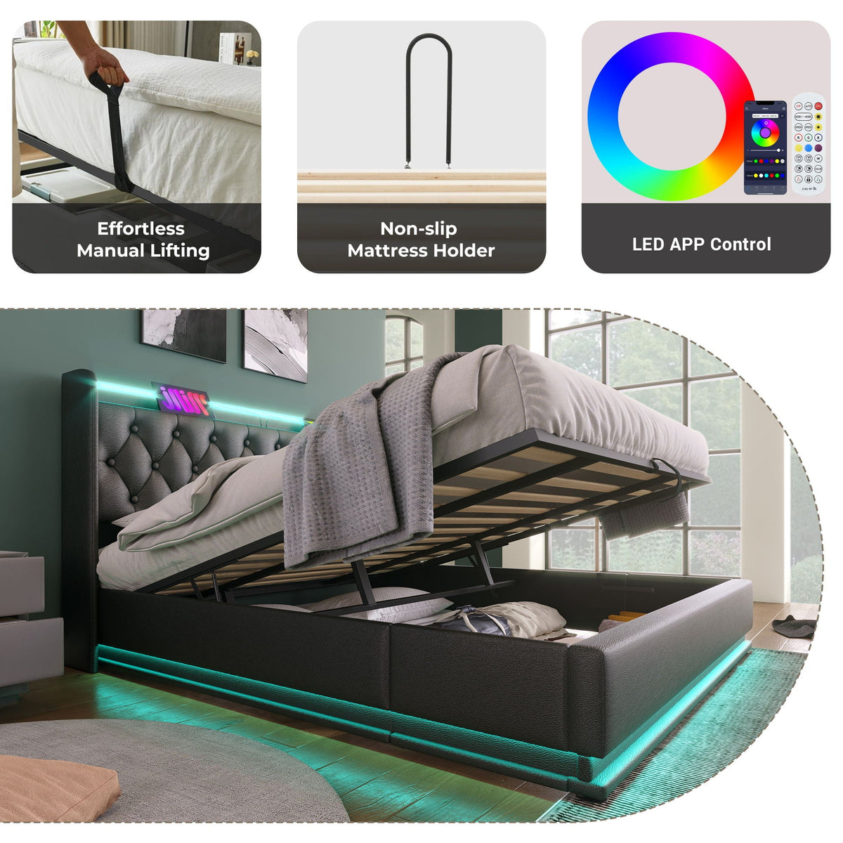 Upholstered Bed, 360 Surround LED Function, Remote Control, Hydraulic Storage Bed