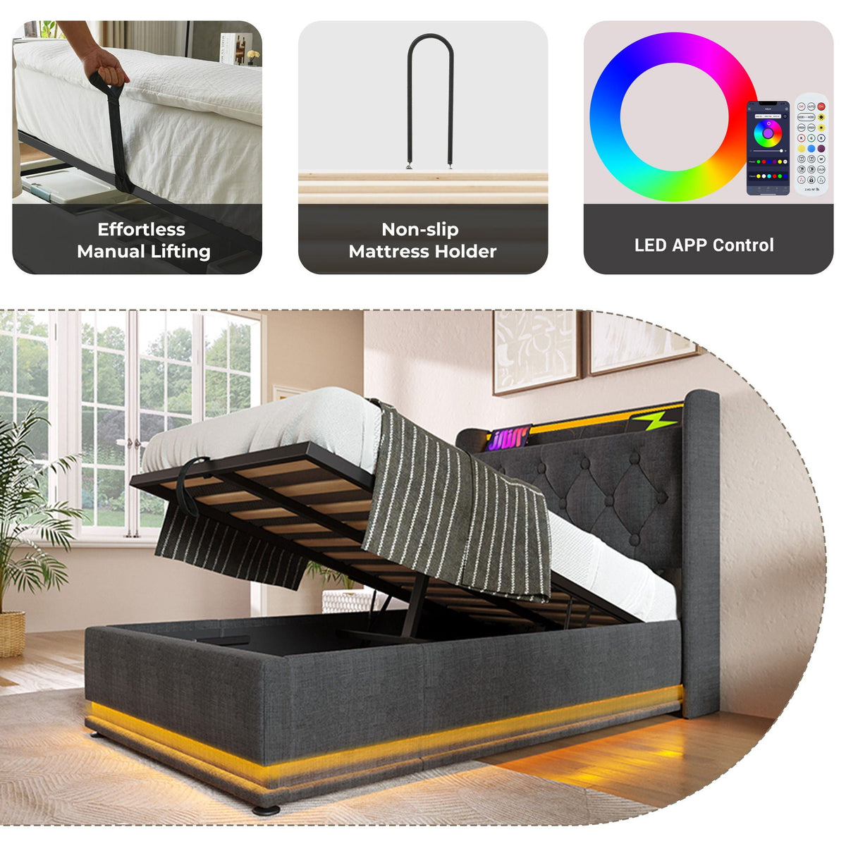 Upholstered Bed, 360 Surround LED Function, Remote Control, Hydraulic Storage Bed