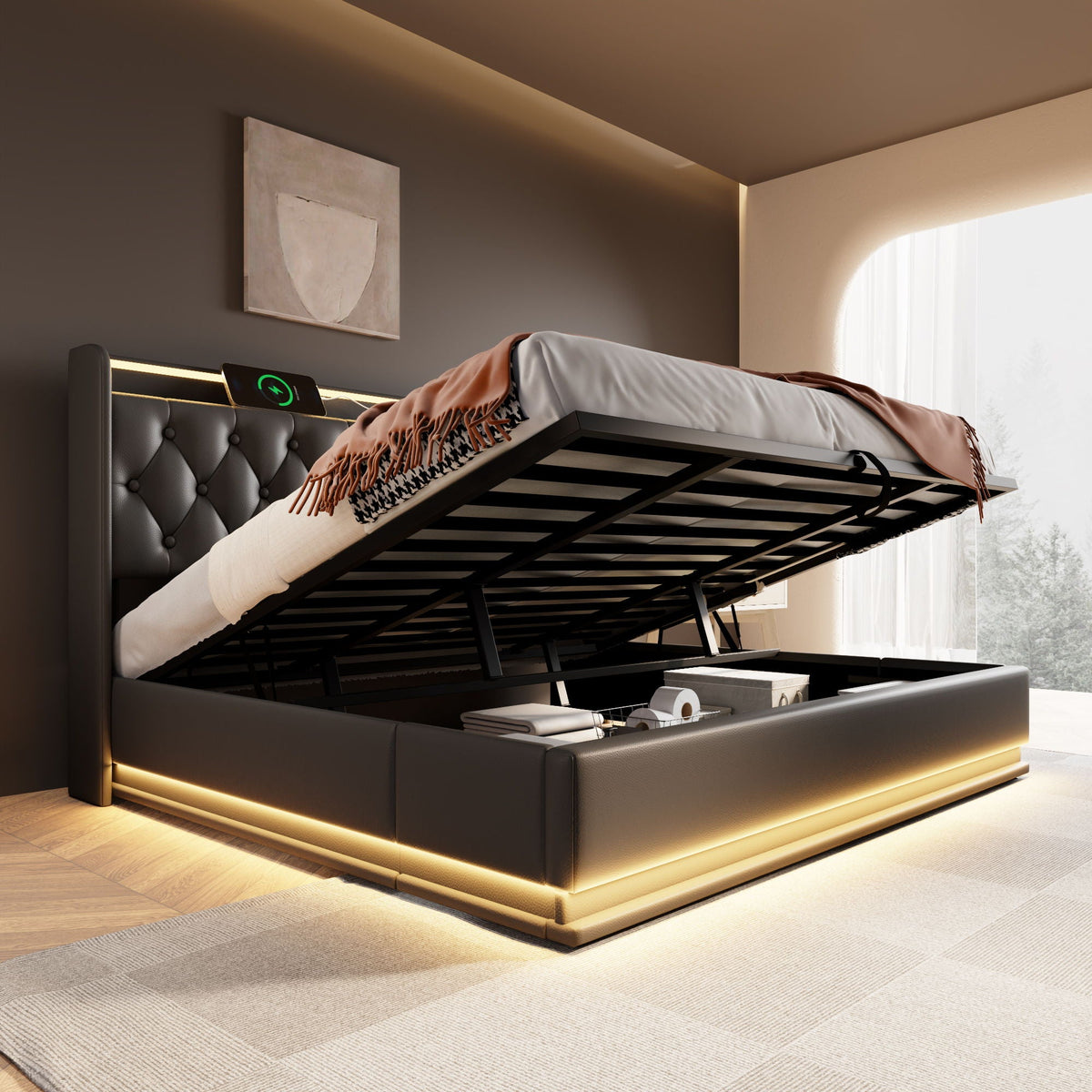 Upholstered Bed, 360 Surround LED Function, Remote Control, Hydraulic Storage Bed