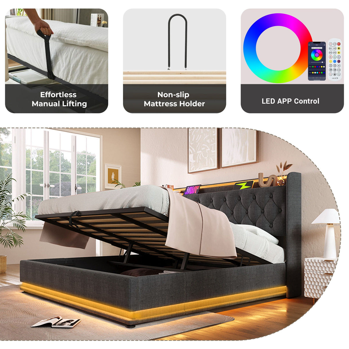 Upholstered Bed, 360 Surround LED Function, Remote Control, Hydraulic Storage Bed