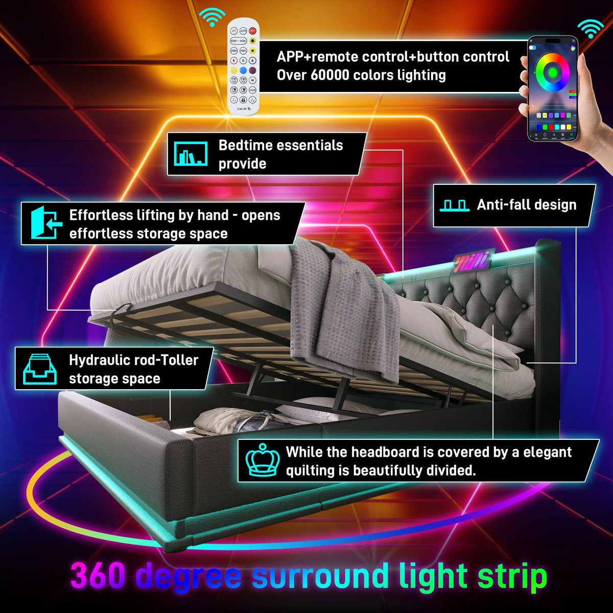 Upholstered Bed, 360 Surround LED Function, Remote Control, Hydraulic Storage Bed