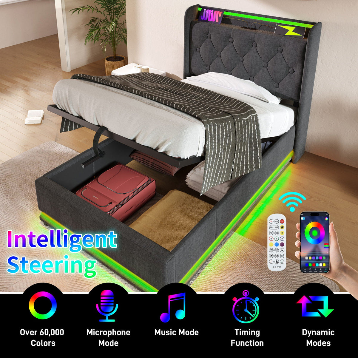 Upholstered Bed, 360 Surround LED Function, Remote Control, Hydraulic Storage Bed