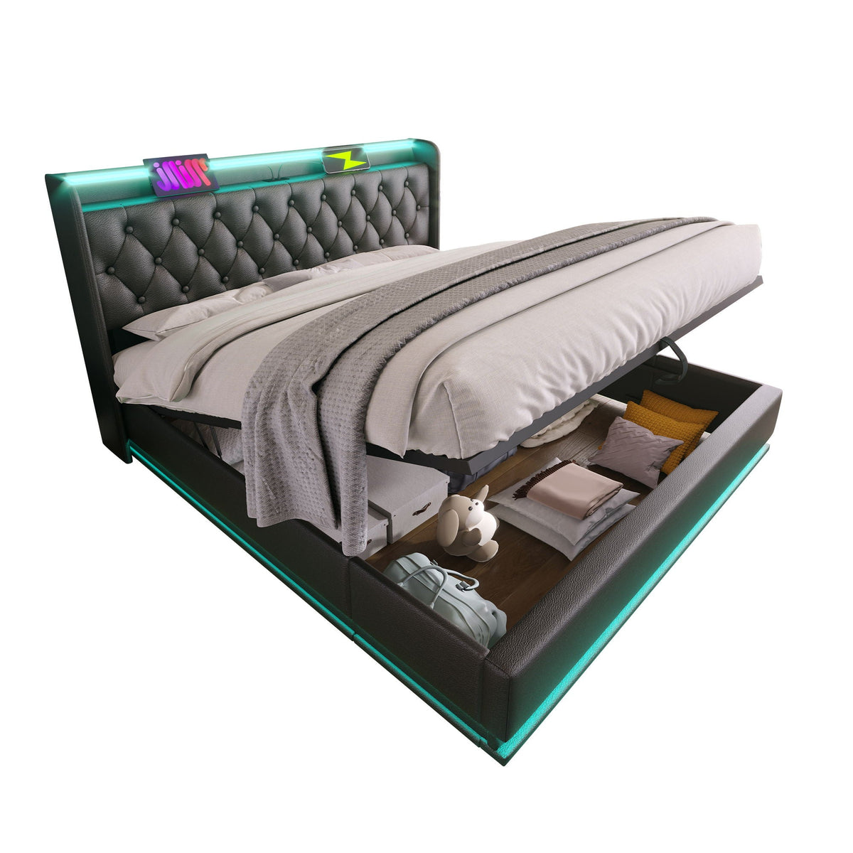 Upholstered Bed, 360 Surround LED Function, Remote Control, Hydraulic Storage Bed