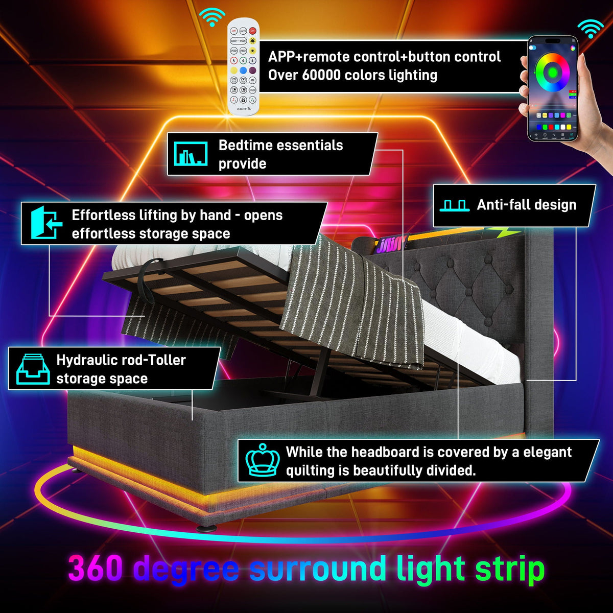 Upholstered Bed, 360 Surround LED Function, Remote Control, Hydraulic Storage Bed