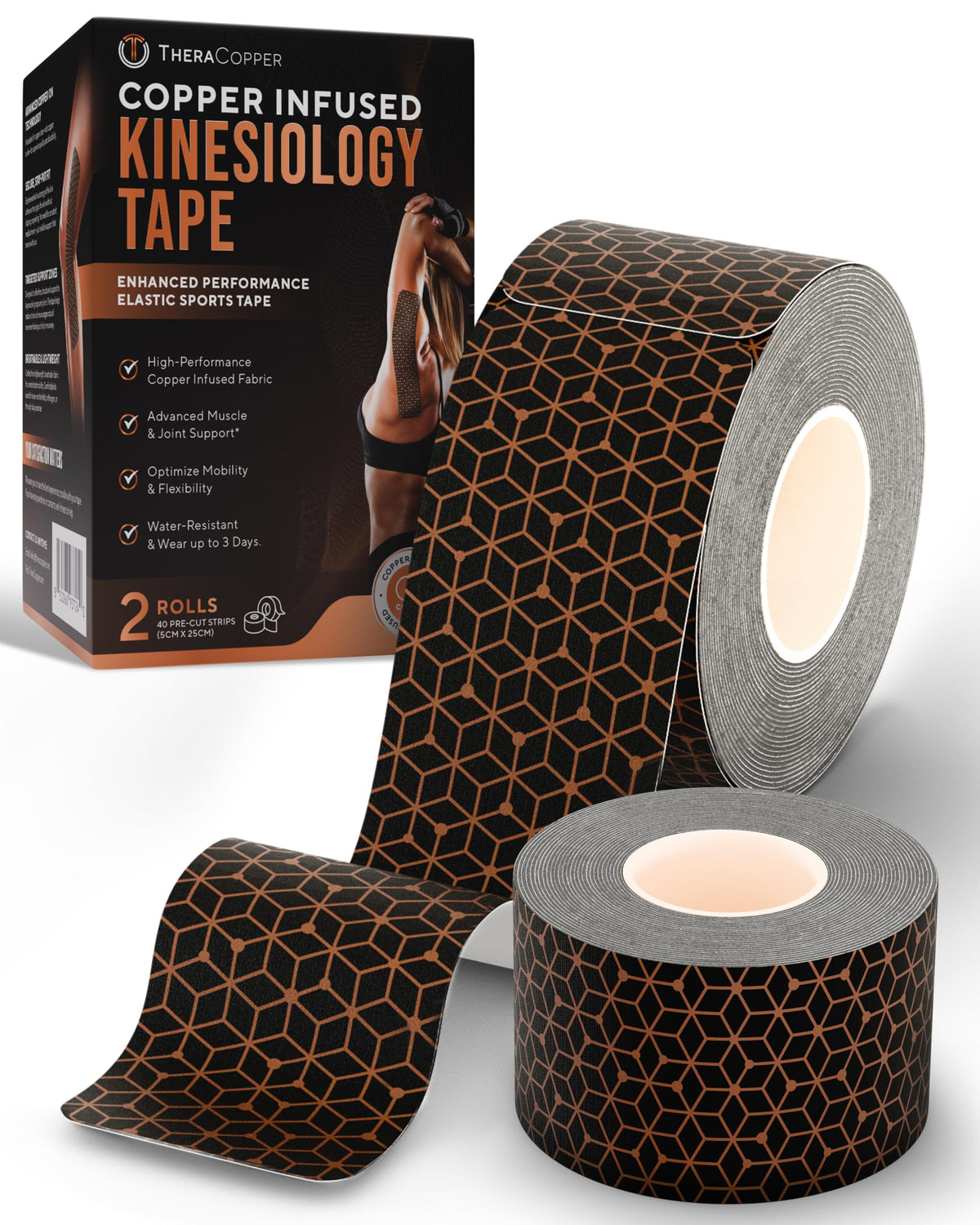 Copper Infused Kinesiology Tape – 2 Rolls (40 Precut Strips) For Support and Recovery