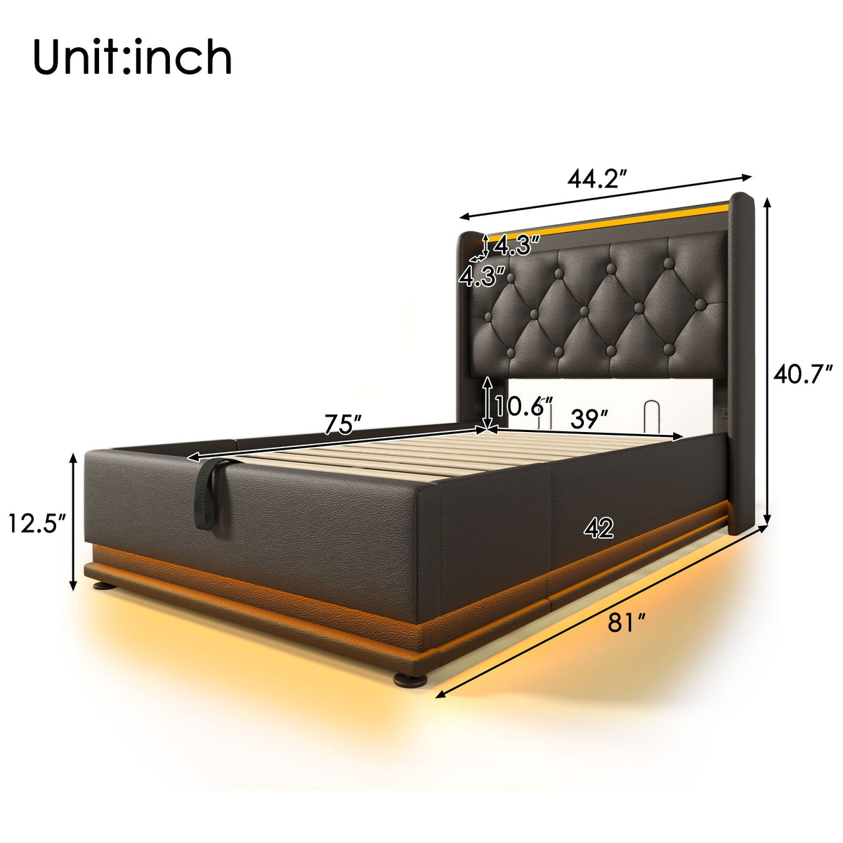 Upholstered Bed, 360 Surround LED Function, Remote Control, Hydraulic Storage Bed