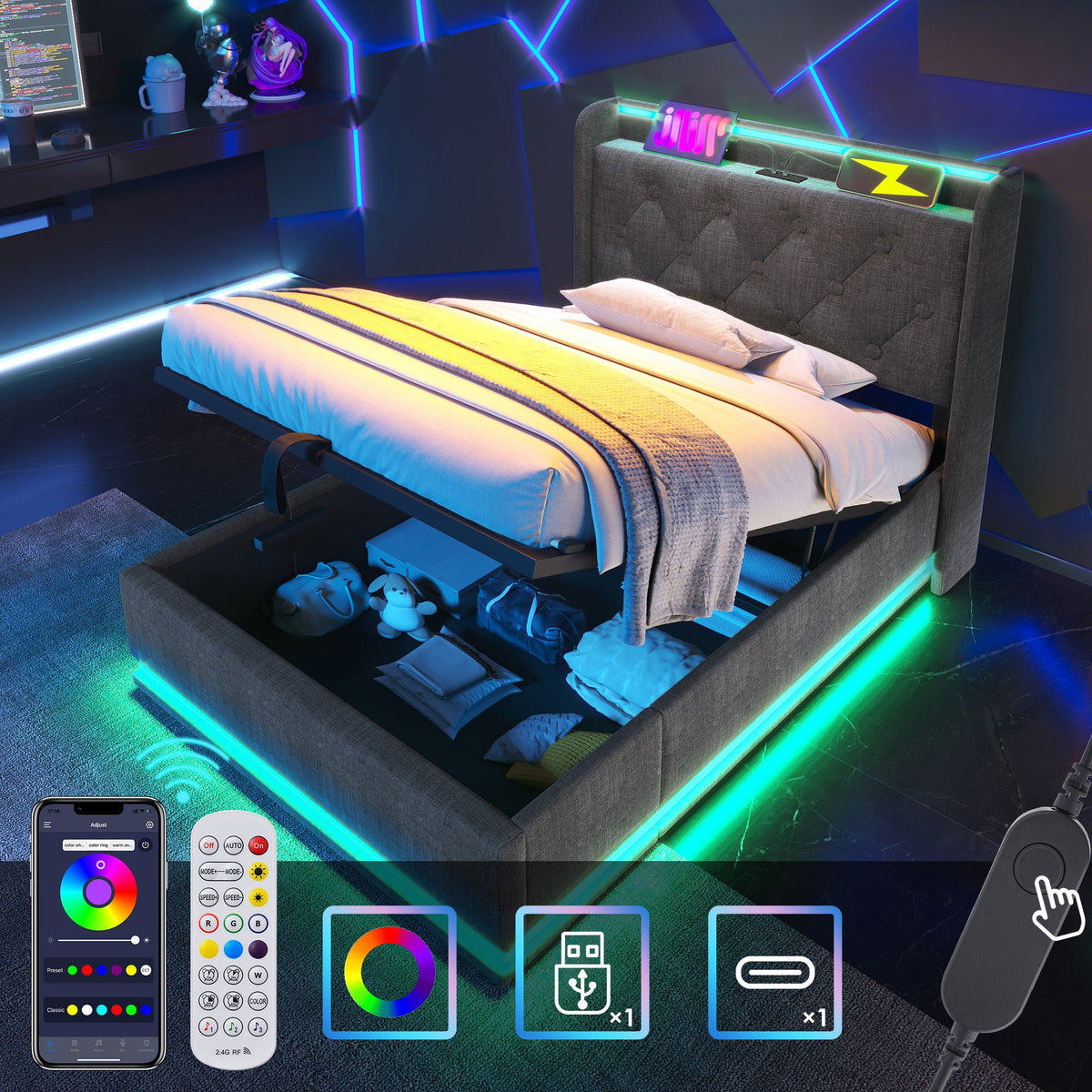 Upholstered Bed, 360 Surround LED Function, Remote Control, Hydraulic Storage Bed