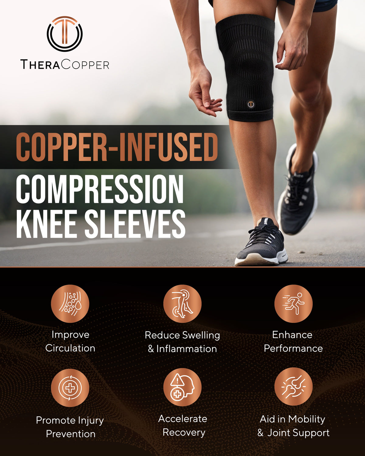 Copper Compression Knee Sleeves (2 Pack) Improve Circulation, Swelling and Mobility