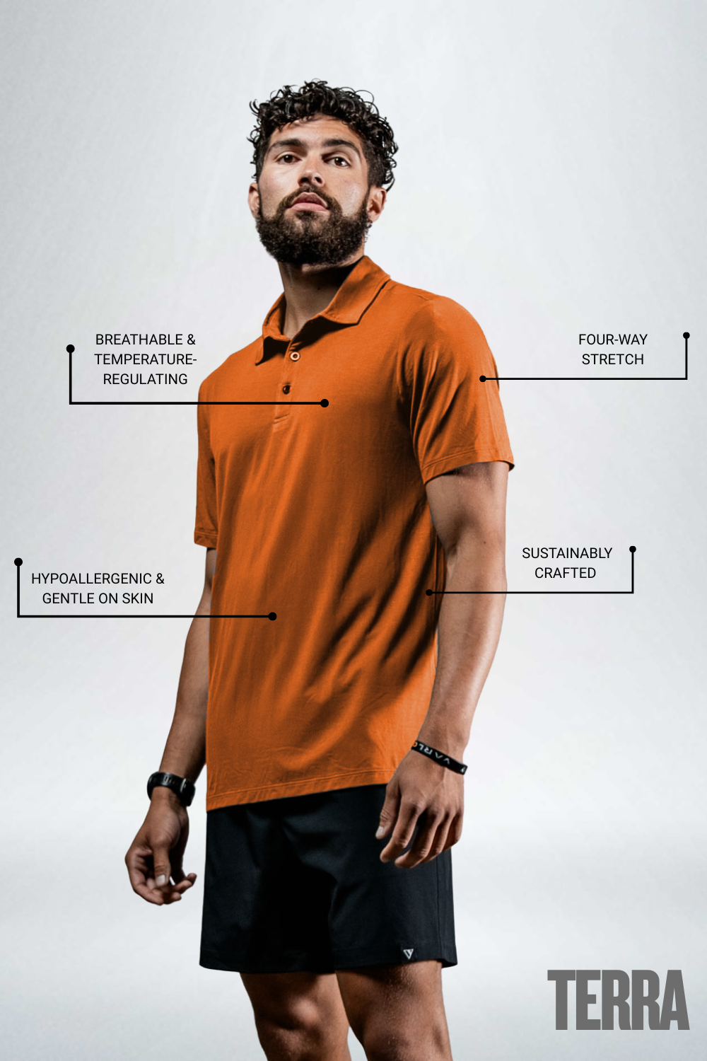 Men's Terra Recovery Polo (Sunfire Clay) Engineered with a structured yet flexible fit