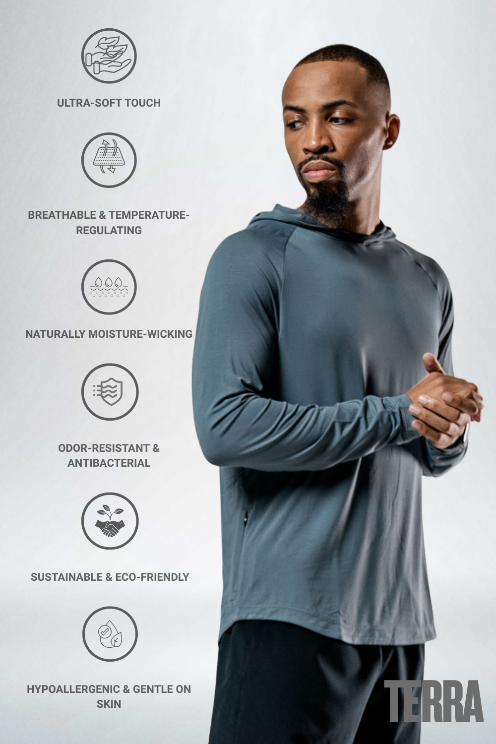 Men's Terra Recovery Element (Ash Gray) Hoodie Shirt (Soft, Breathable, lightweight, Wicking)
