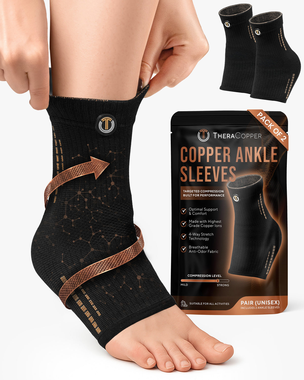 Copper Compression Ankle Brace Sleeves (2 Pack) Improve Circulation, Swelling and Mobility