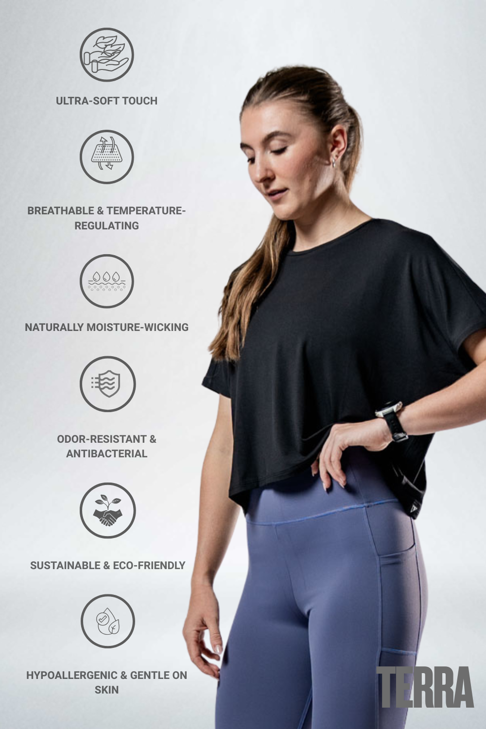 Women's (Black) Terra Recovery Drift Crop (Soft, Breathable, Wicking, Lightweight)