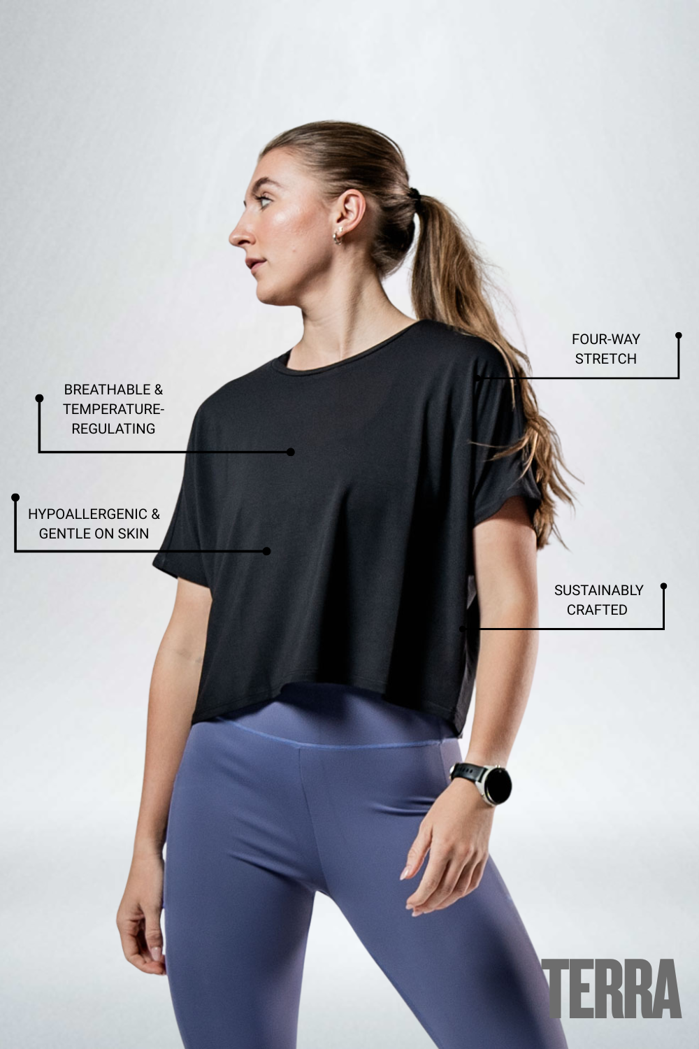 Women's (Black) Terra Recovery Drift Crop (Soft, Breathable, Wicking, Lightweight)