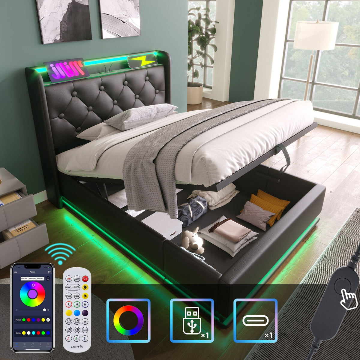 Upholstered Bed, 360 Surround LED Function, Remote Control, Hydraulic Storage Bed