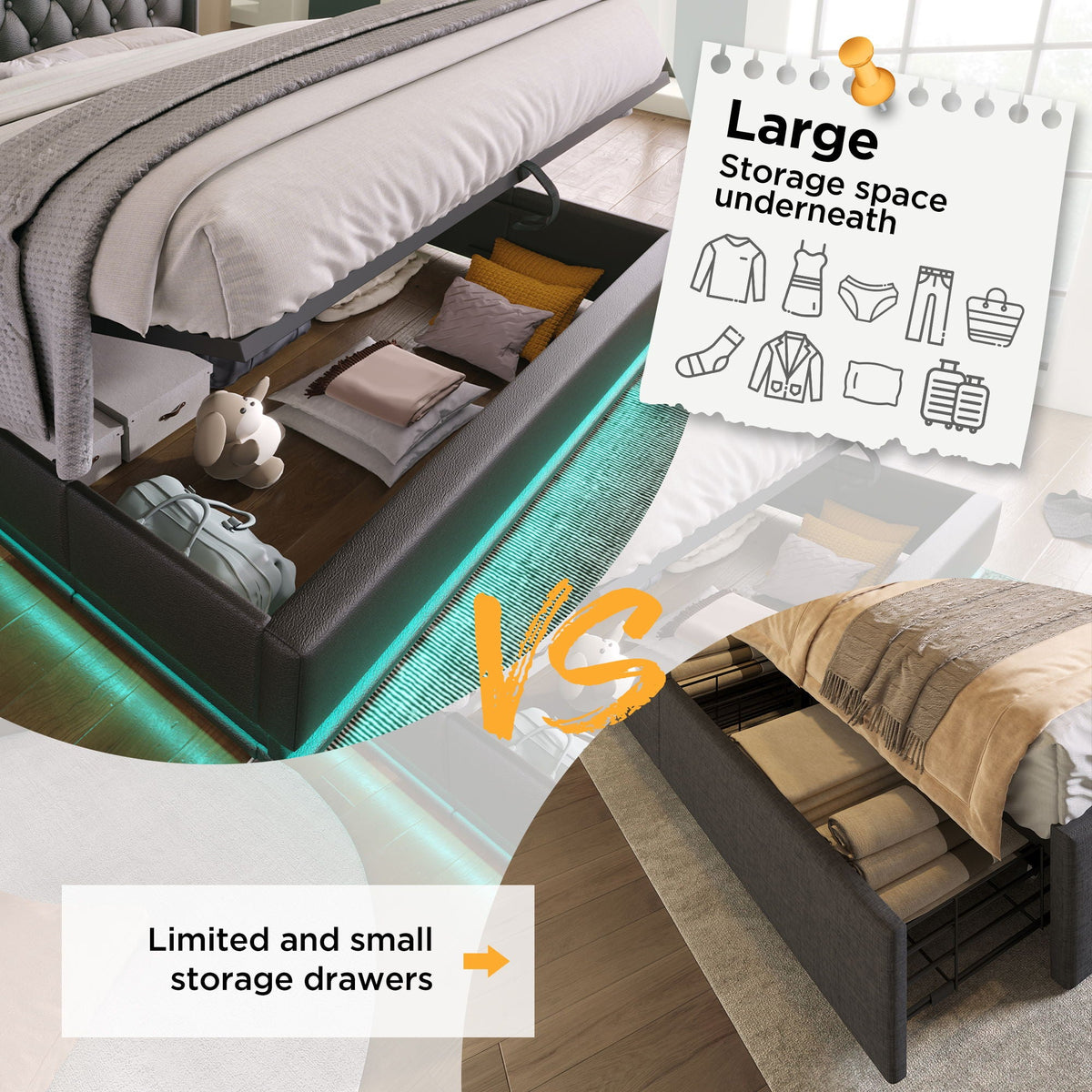 Upholstered Bed, 360 Surround LED Function, Remote Control, Hydraulic Storage Bed