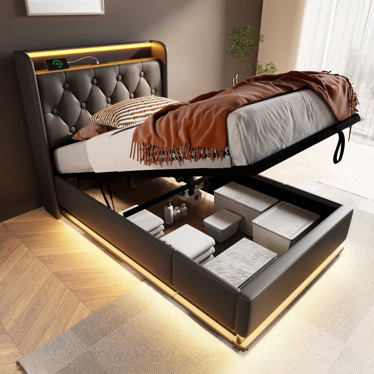 Upholstered Bed, 360 Surround LED Function, Remote Control, Hydraulic Storage Bed
