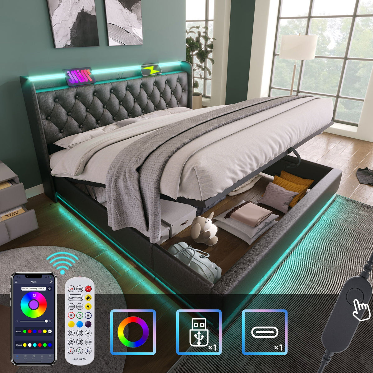 Upholstered Bed, 360 Surround LED Function, Remote Control, Hydraulic Storage Bed