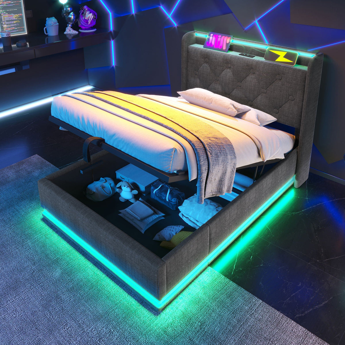 Upholstered Bed, 360 Surround LED Function, Remote Control, Hydraulic Storage Bed