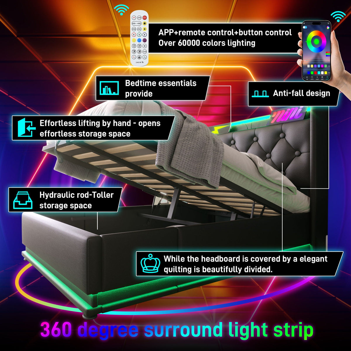 Upholstered Bed, 360 Surround LED Function, Remote Control, Hydraulic Storage Bed