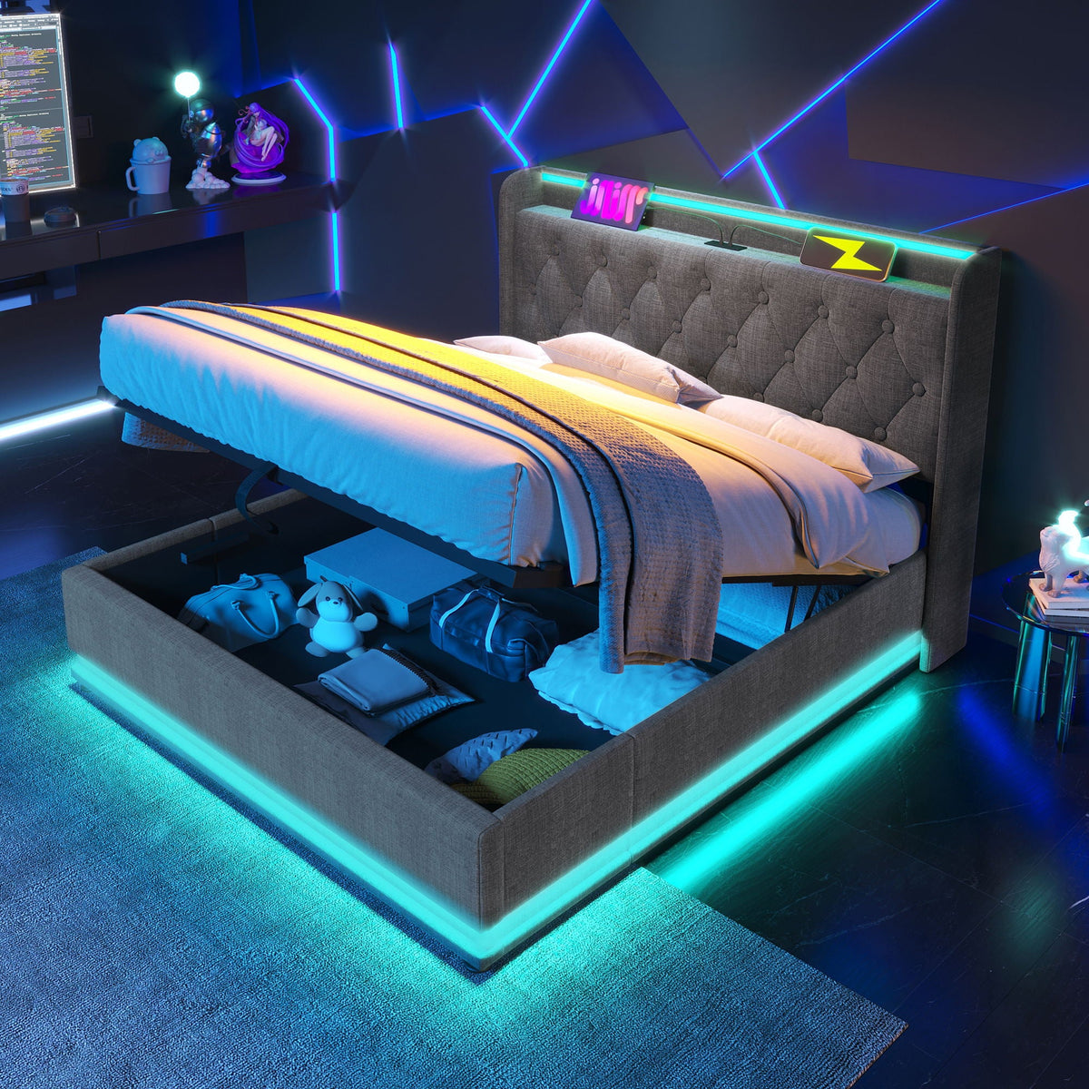 Upholstered Bed, 360 Surround LED Function, Remote Control, Hydraulic Storage Bed