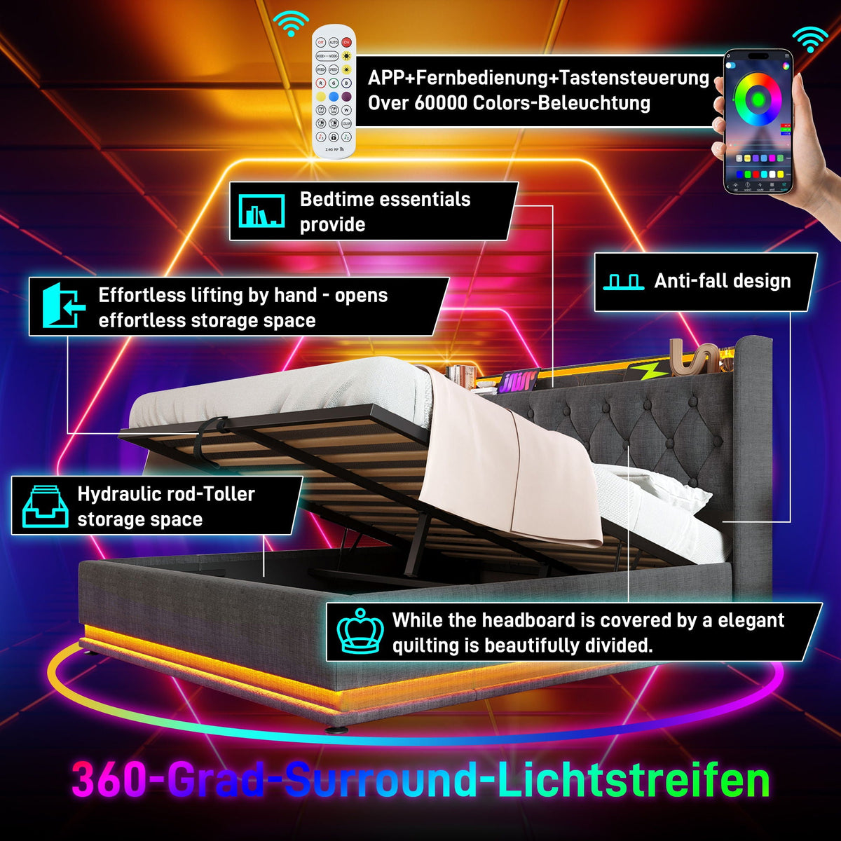 Upholstered Bed, 360 Surround LED Function, Remote Control, Hydraulic Storage Bed