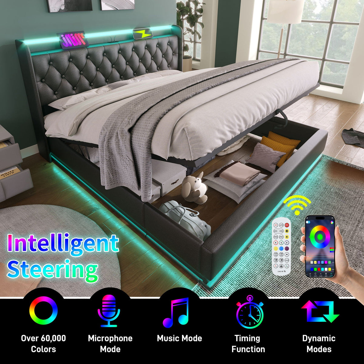 Upholstered Bed, 360 Surround LED Function, Remote Control, Hydraulic Storage Bed
