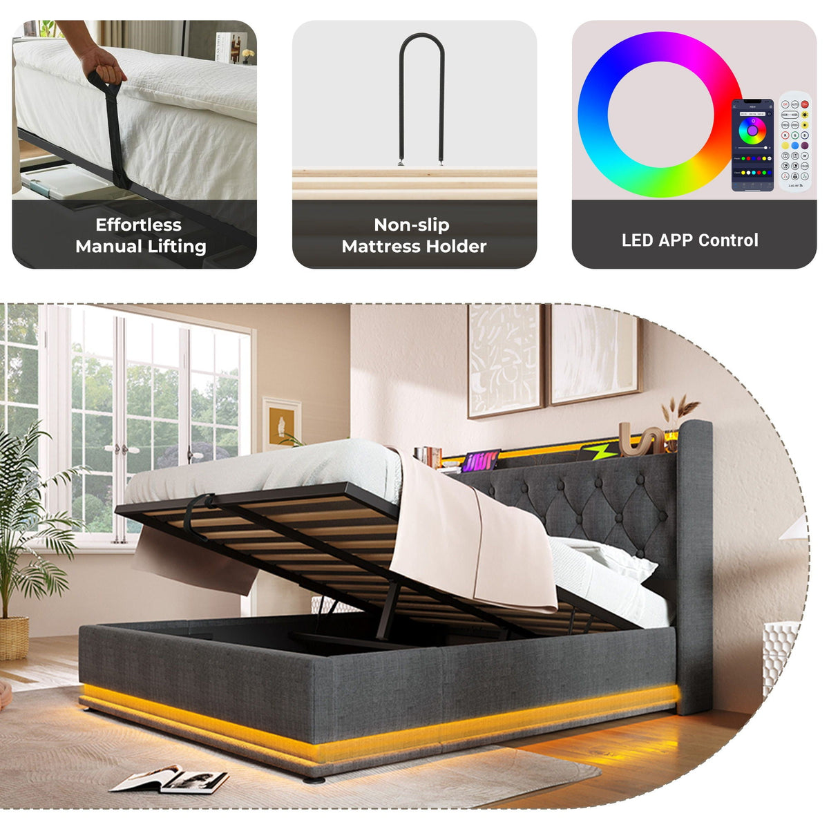 Upholstered Bed, 360 Surround LED Function, Remote Control, Hydraulic Storage Bed