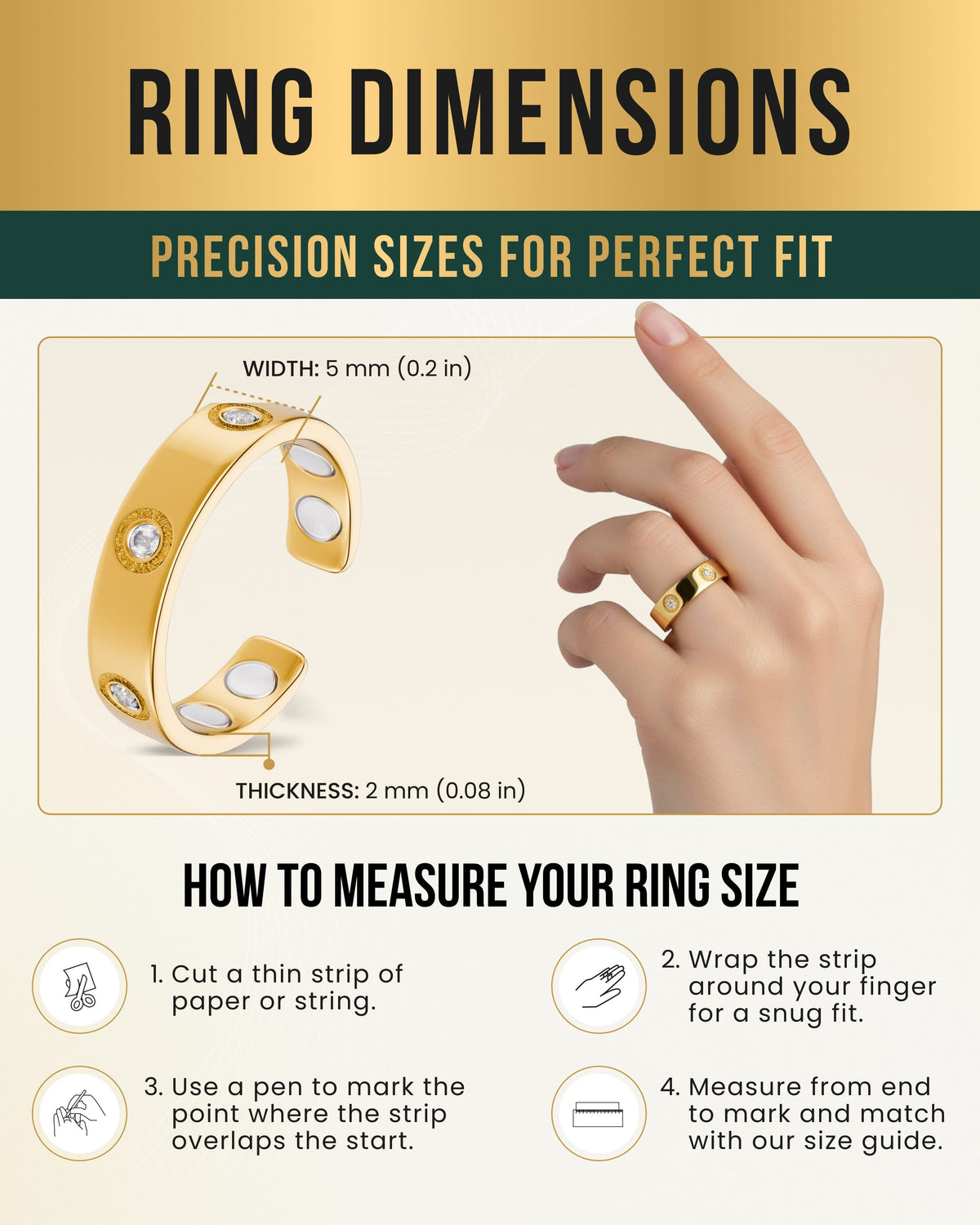 Crystal Magnetic Therapy Ring (Gold) - Target Finger and Knuckle Pain and Inflammation